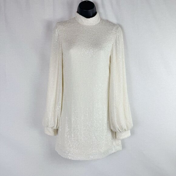 Alexis Lunia Ivory Sequin Puff Sleeve Mini Dress XS Bridal Cocktail Holiday - Picture 2 of 10
